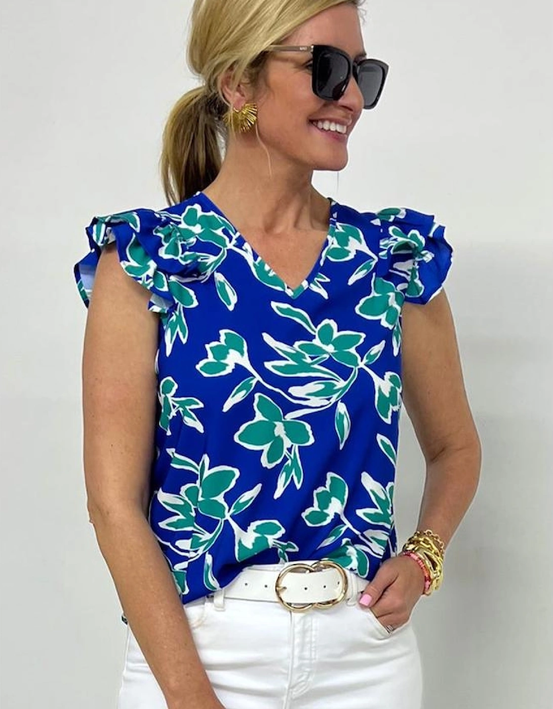 Blue V Neck Floral Print Double Ruffled Short Sleeve Blouse