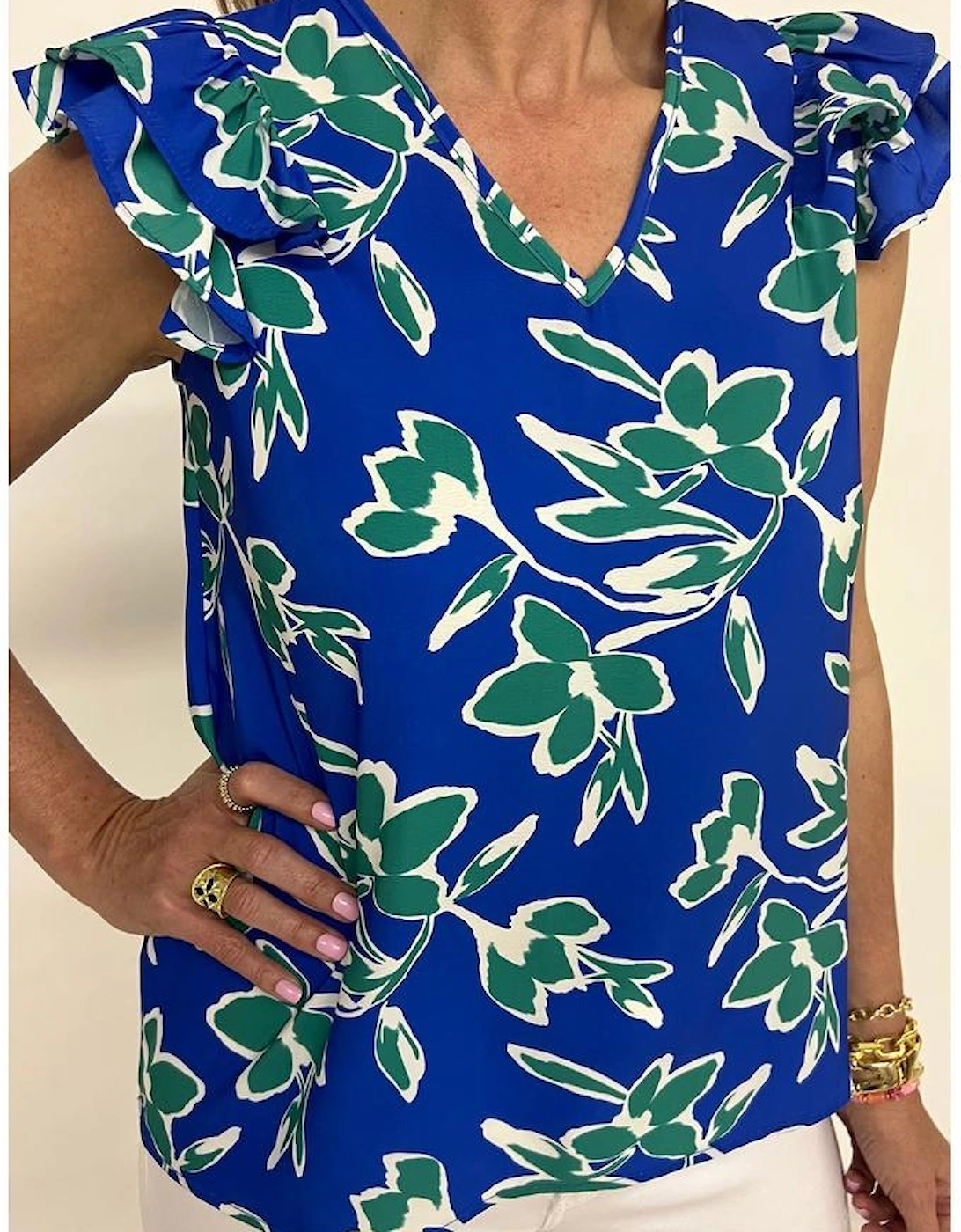 Blue V Neck Floral Print Double Ruffled Short Sleeve Blouse