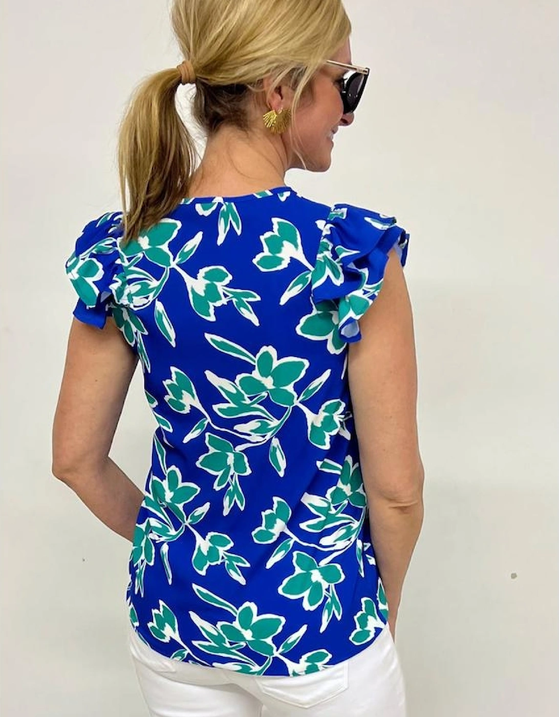 Blue V Neck Floral Print Double Ruffled Short Sleeve Blouse