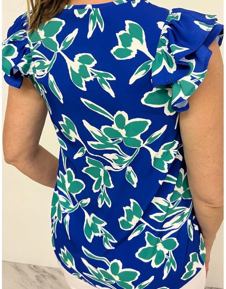 Blue V Neck Floral Print Double Ruffled Short Sleeve Blouse