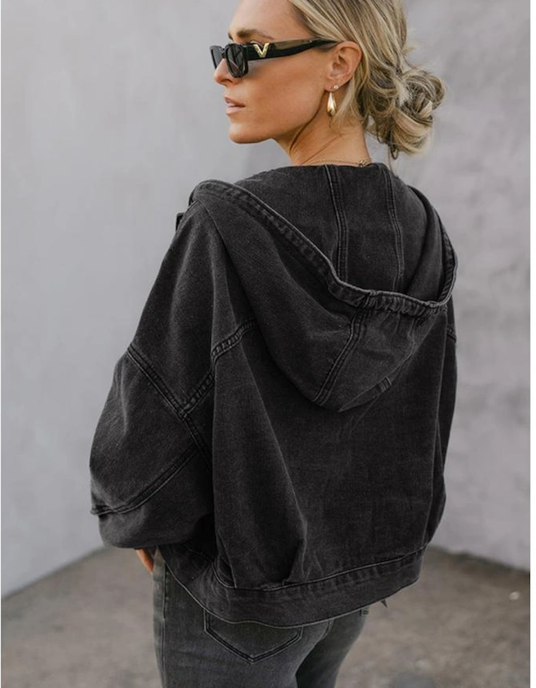 Black Big Chest Pocket Drop Shoulder Hooded Denim Jacket