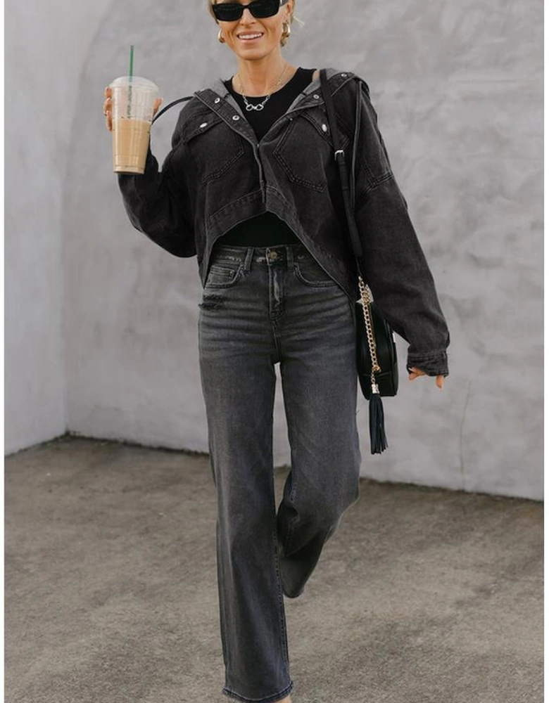 Black Big Chest Pocket Drop Shoulder Hooded Denim Jacket