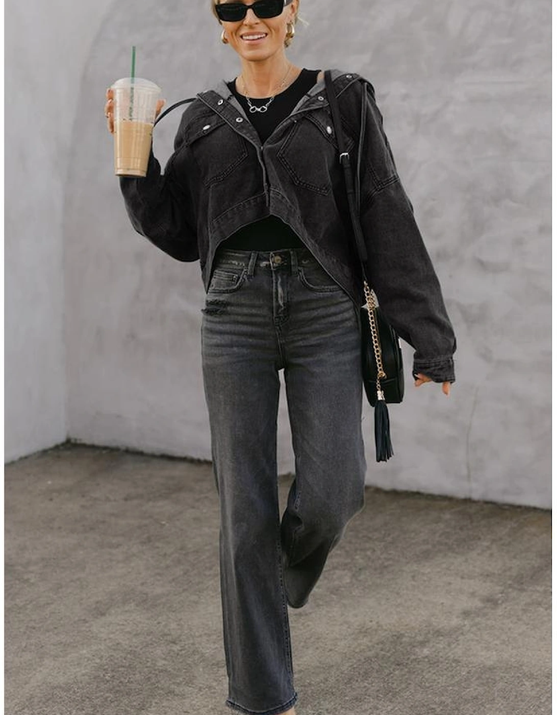 Black Big Chest Pocket Drop Shoulder Hooded Denim Jacket