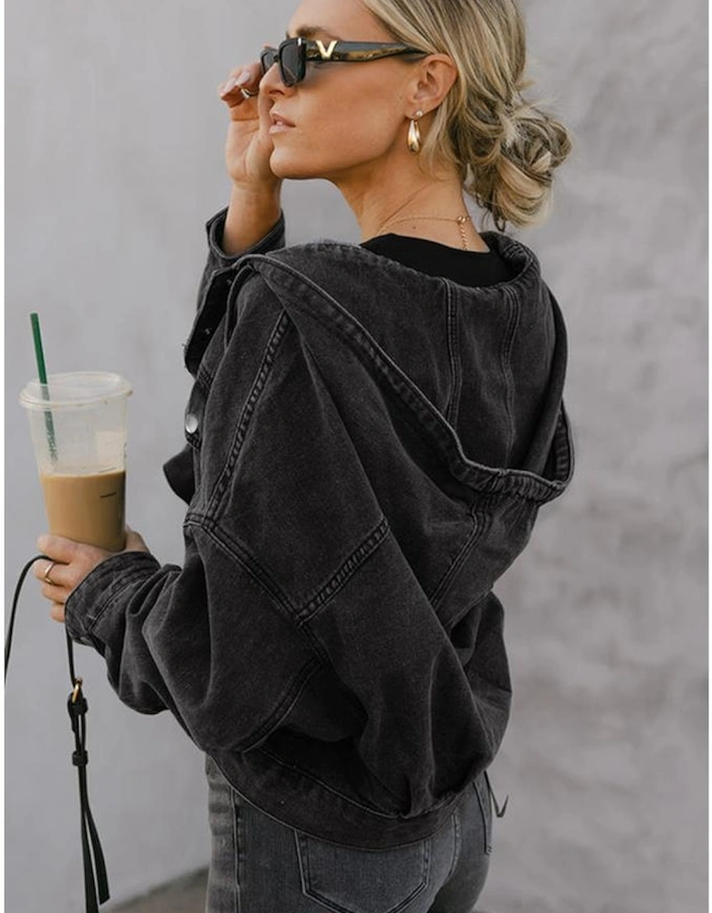 Black Big Chest Pocket Drop Shoulder Hooded Denim Jacket