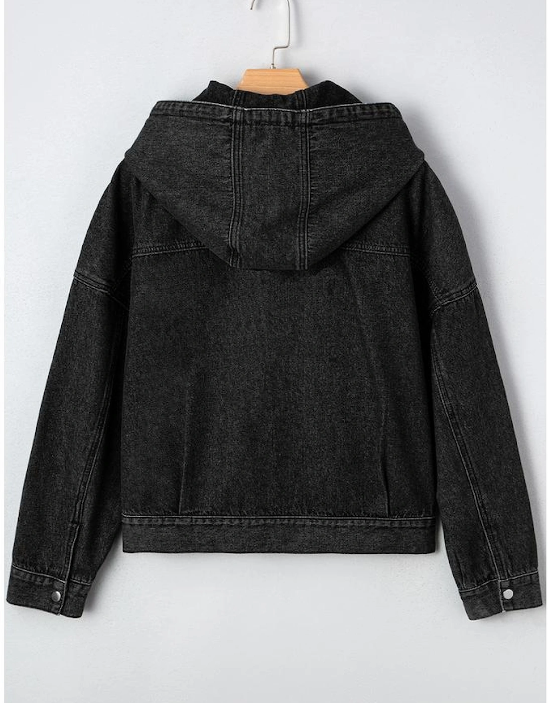 Black Big Chest Pocket Drop Shoulder Hooded Denim Jacket
