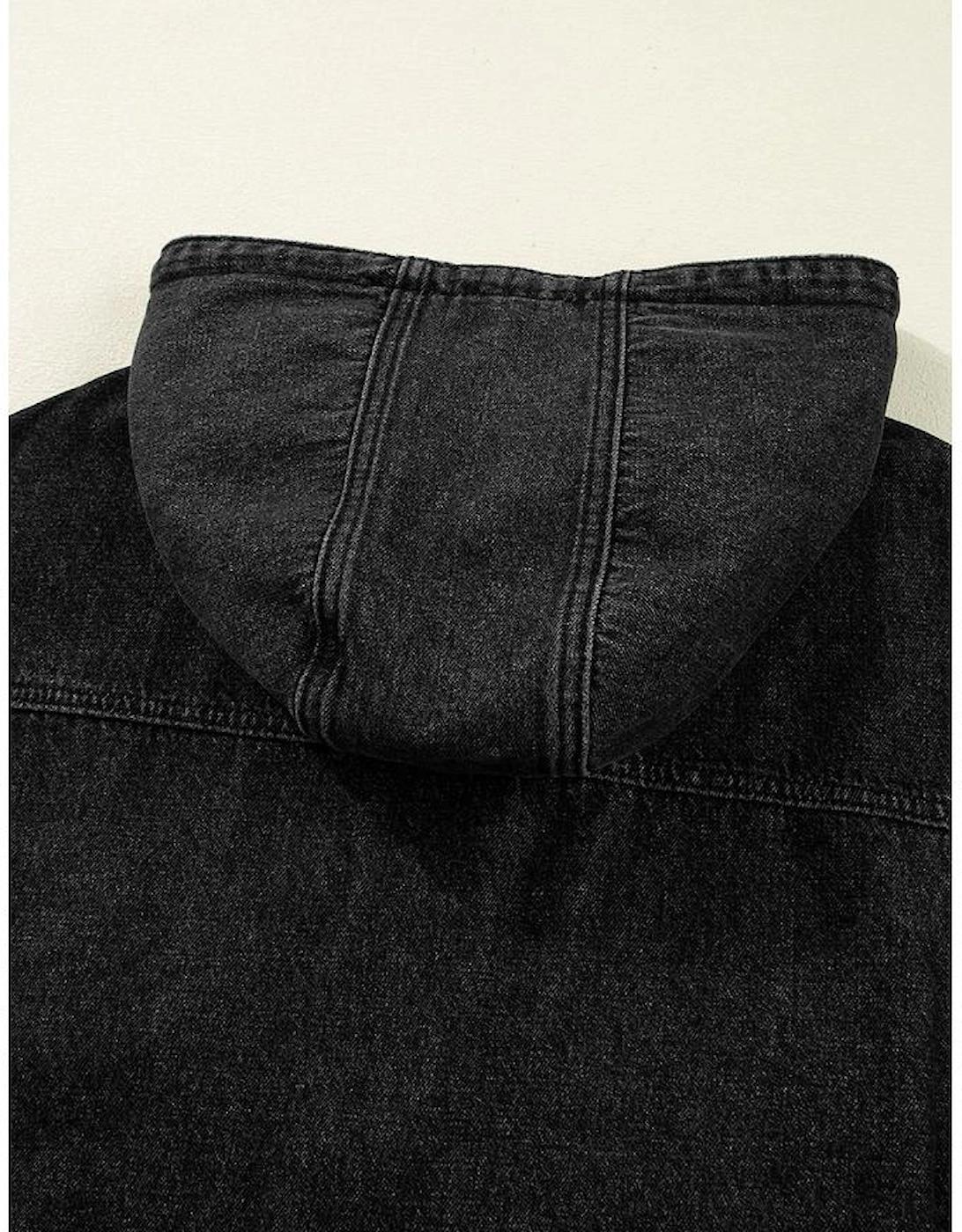Black Big Chest Pocket Drop Shoulder Hooded Denim Jacket