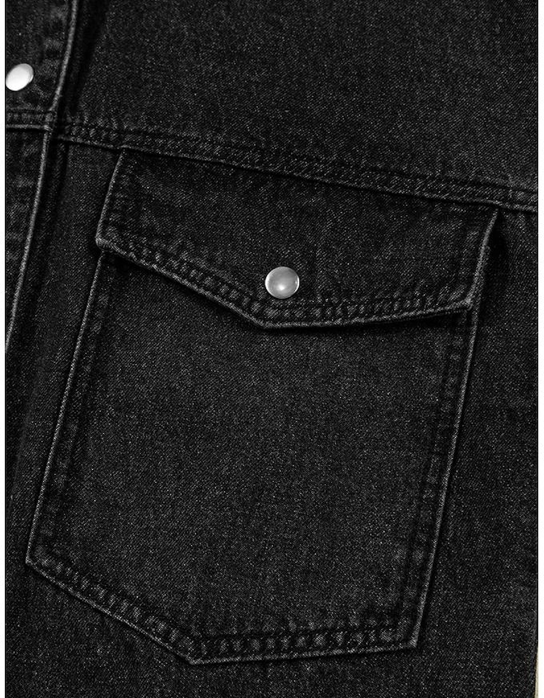 Black Big Chest Pocket Drop Shoulder Hooded Denim Jacket