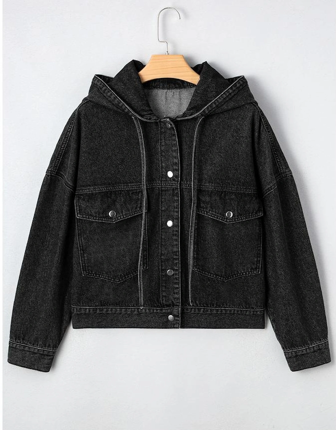 Black Big Chest Pocket Drop Shoulder Hooded Denim Jacket