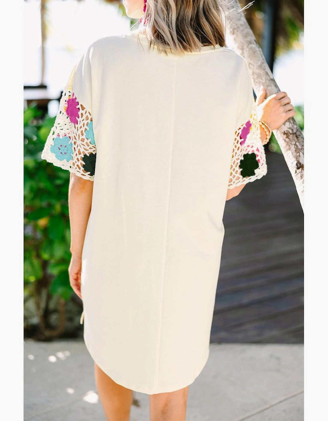 White Floral Crochet Splicing Sleeve T Shirt Dress