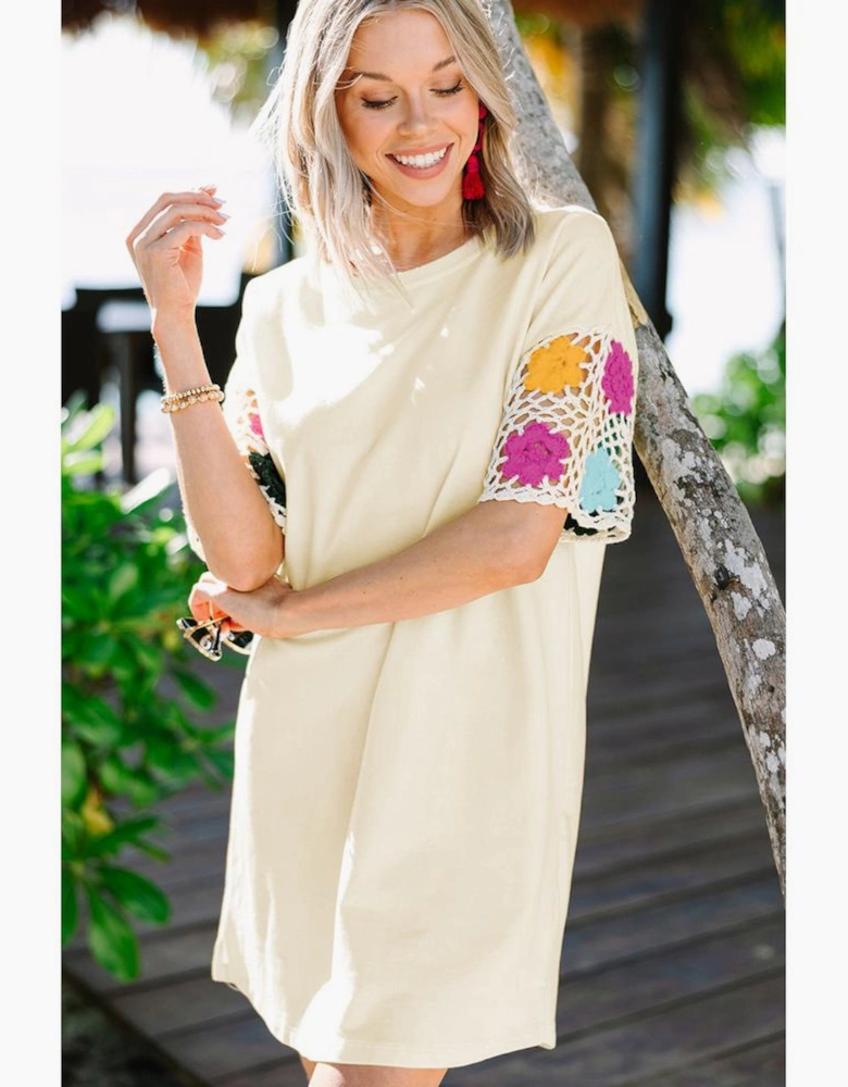 White Floral Crochet Splicing Sleeve T Shirt Dress