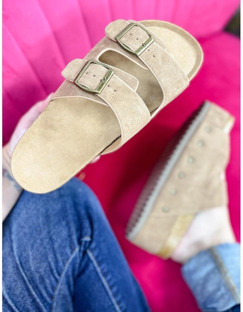 Azura Exchange Beige Suede Buckle Decor Footbed Sandal Slippers