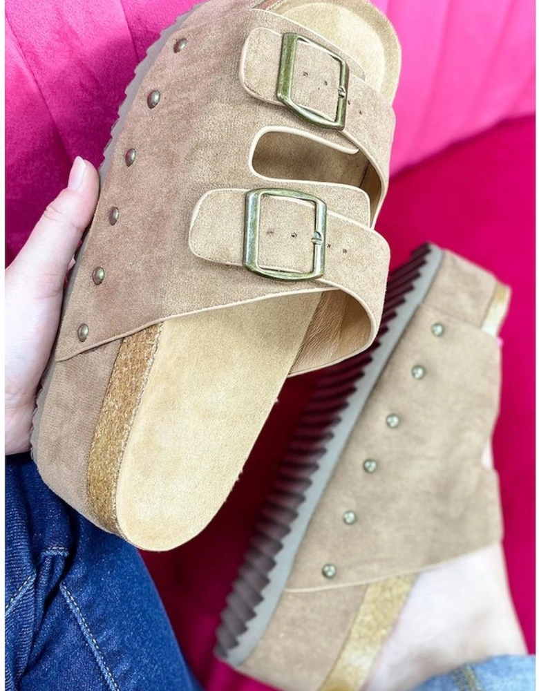 Azura Exchange Beige Suede Buckle Decor Footbed Sandal Slippers