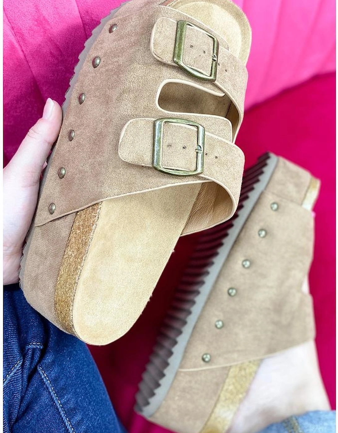 Azura Exchange Beige Suede Buckle Decor Footbed Sandal Slippers, 5 of 4