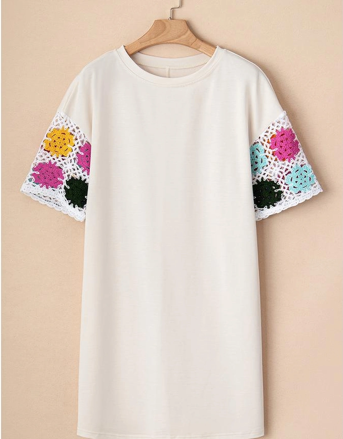 White Floral Crochet Splicing Sleeve T Shirt Dress