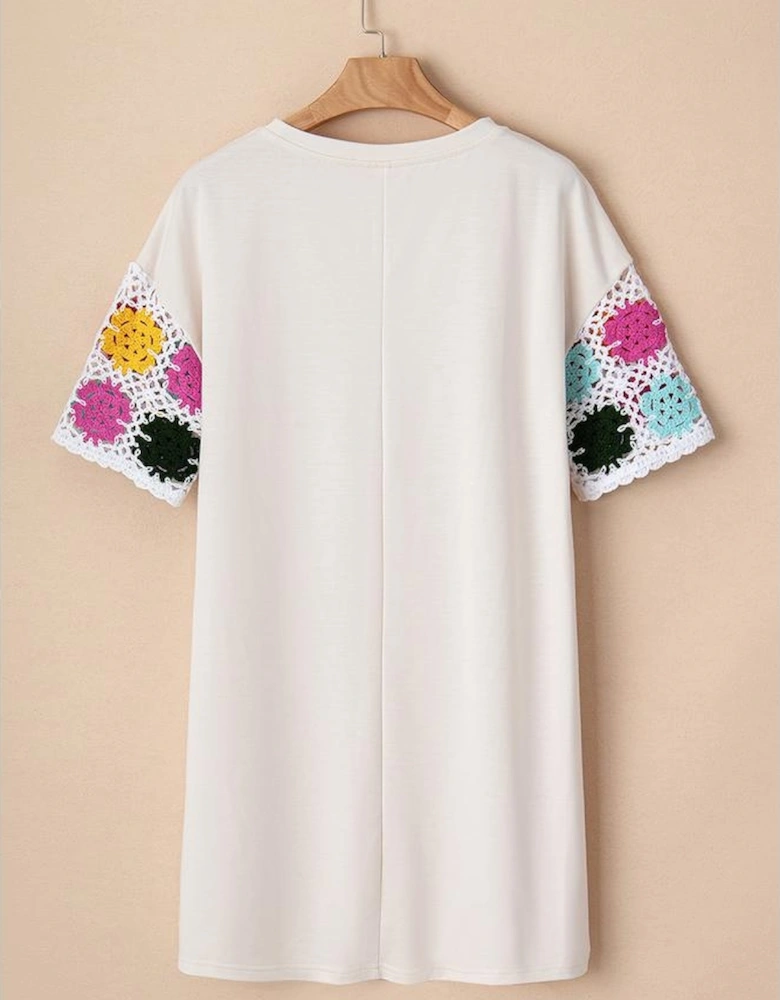 White Floral Crochet Splicing Sleeve T Shirt Dress