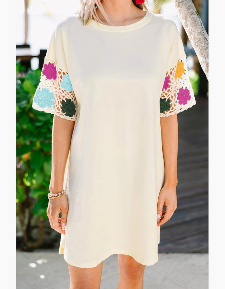White Floral Crochet Splicing Sleeve T Shirt Dress