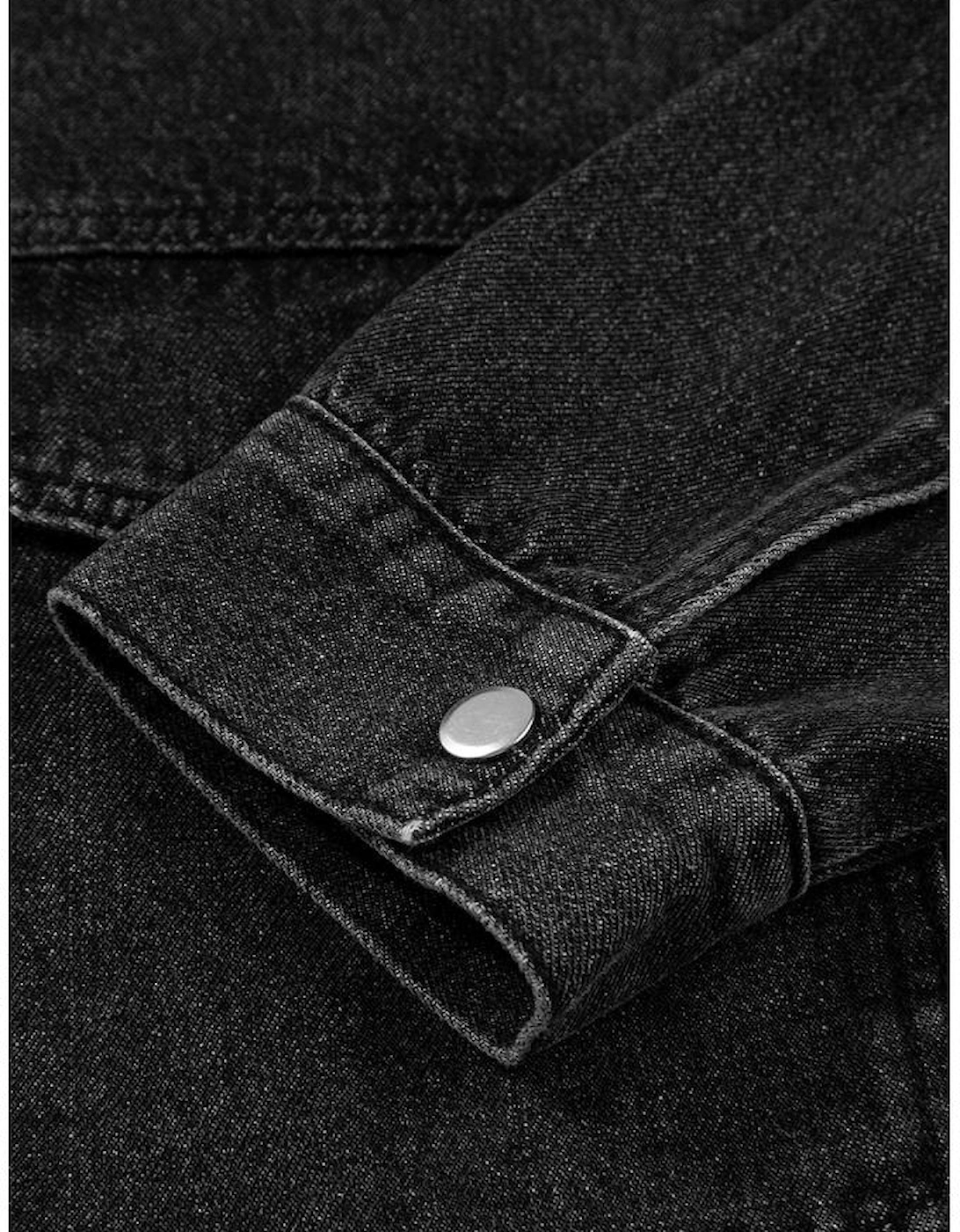 Black Big Chest Pocket Drop Shoulder Hooded Denim Jacket