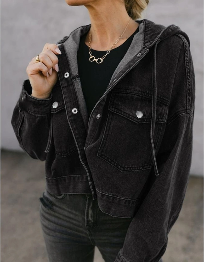 Black Big Chest Pocket Drop Shoulder Hooded Denim Jacket