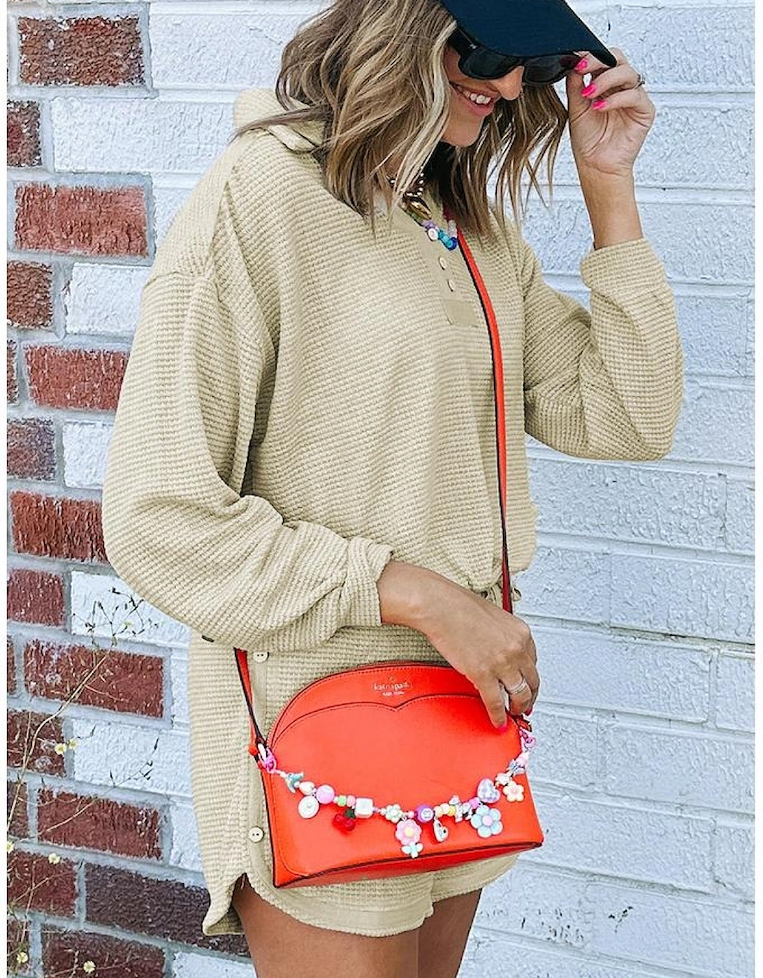 Parchment Textured Buttoned Long Sleeve Top 2 Piece Shorts Set