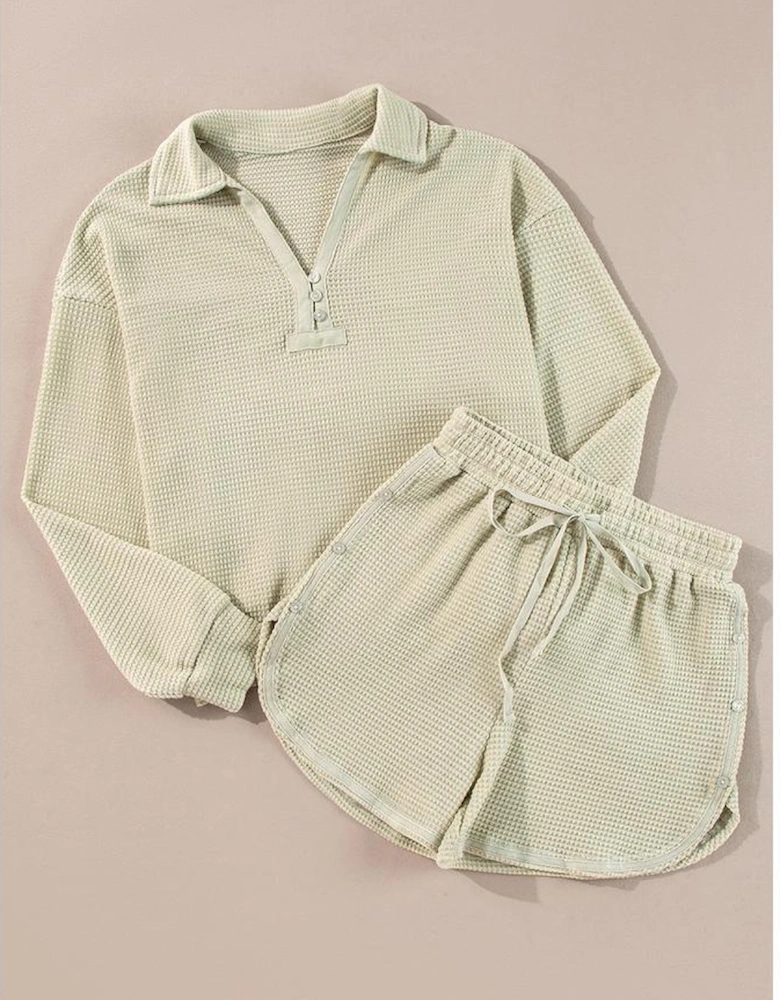 Parchment Textured Buttoned Long Sleeve Top 2 Piece Shorts Set
