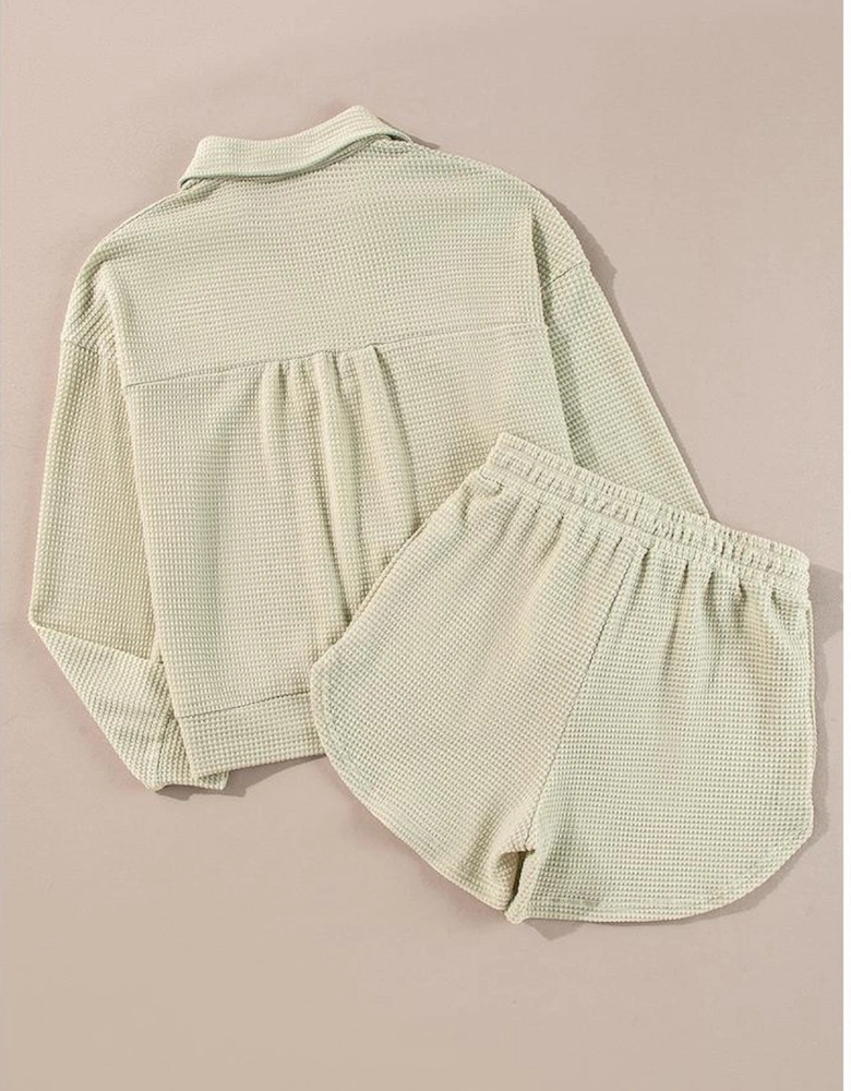 Parchment Textured Buttoned Long Sleeve Top 2 Piece Shorts Set