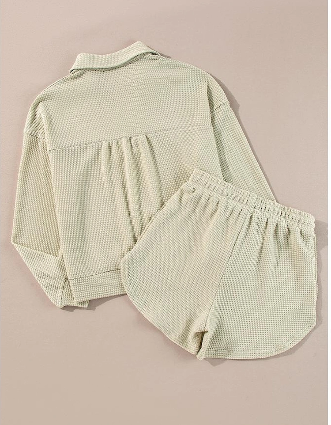 Parchment Textured Buttoned Long Sleeve Top 2 Piece Shorts Set