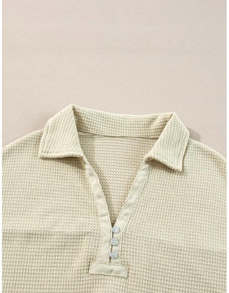 Parchment Textured Buttoned Long Sleeve Top 2 Piece Shorts Set