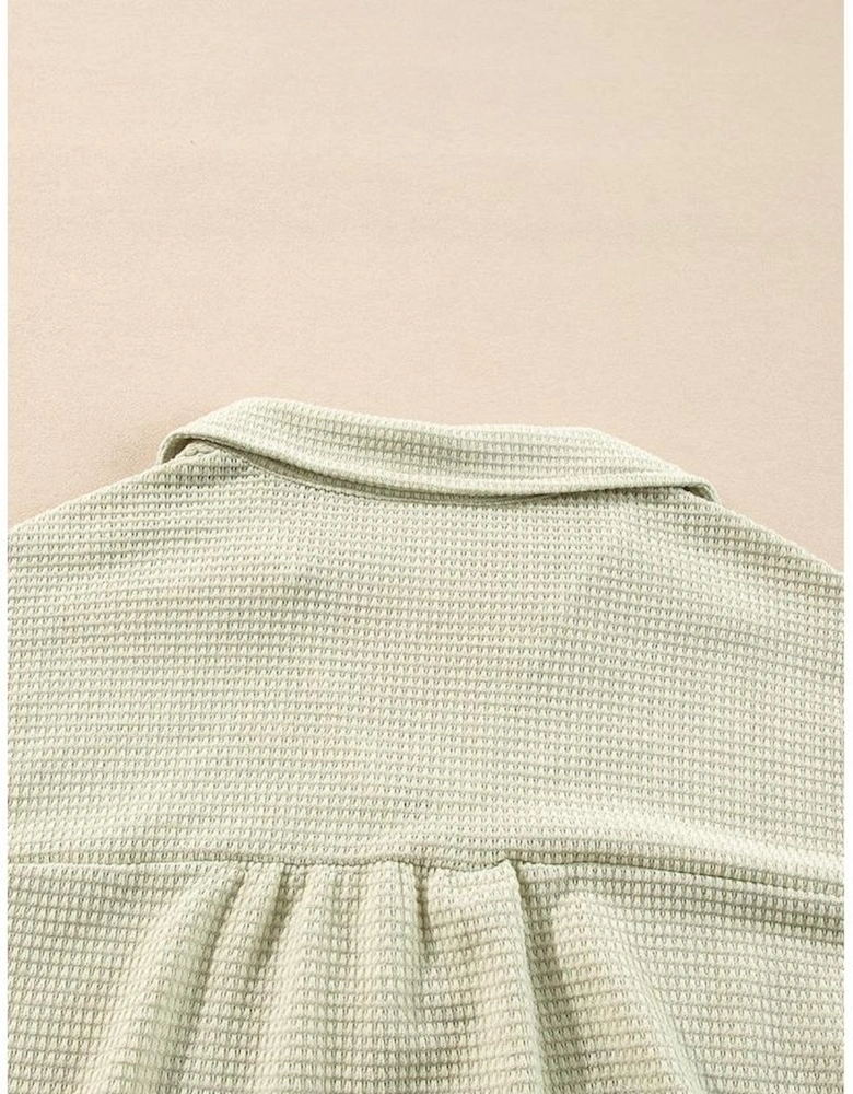 Parchment Textured Buttoned Long Sleeve Top 2 Piece Shorts Set