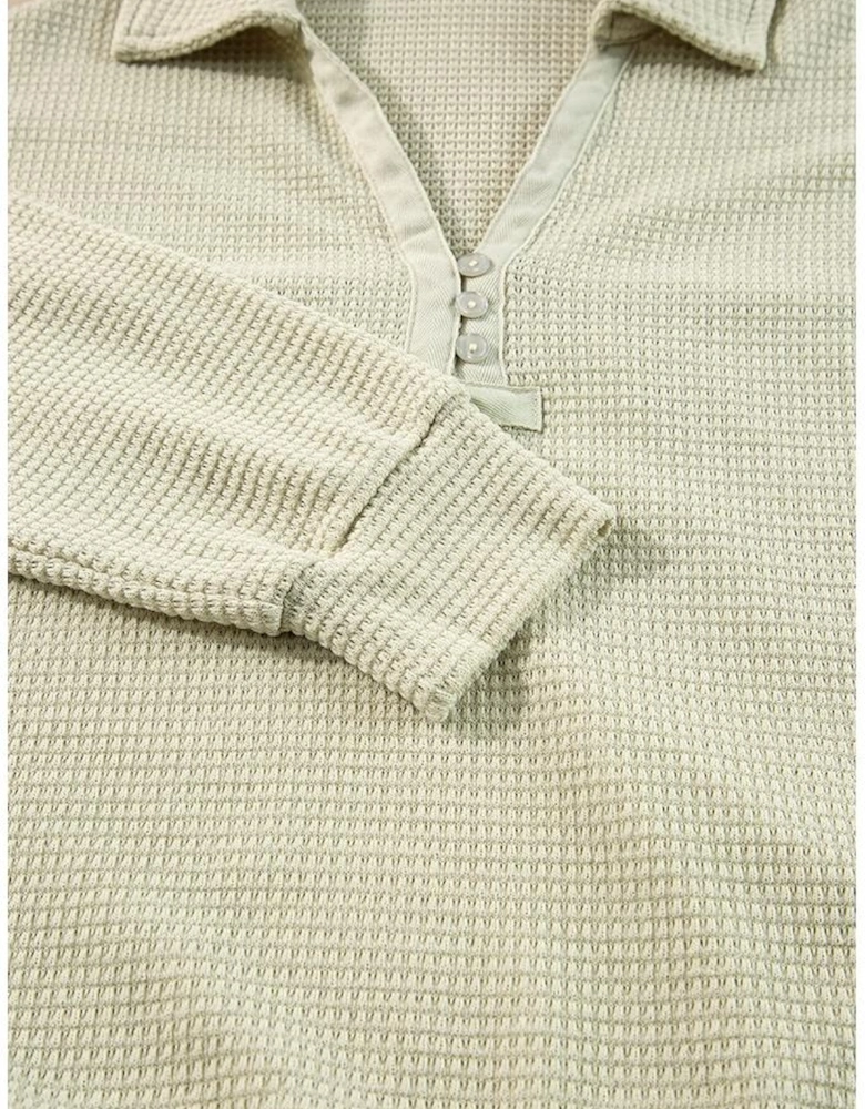 Parchment Textured Buttoned Long Sleeve Top 2 Piece Shorts Set