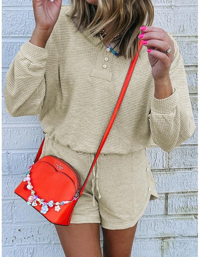 Parchment Textured Buttoned Long Sleeve Top 2 Piece Shorts Set