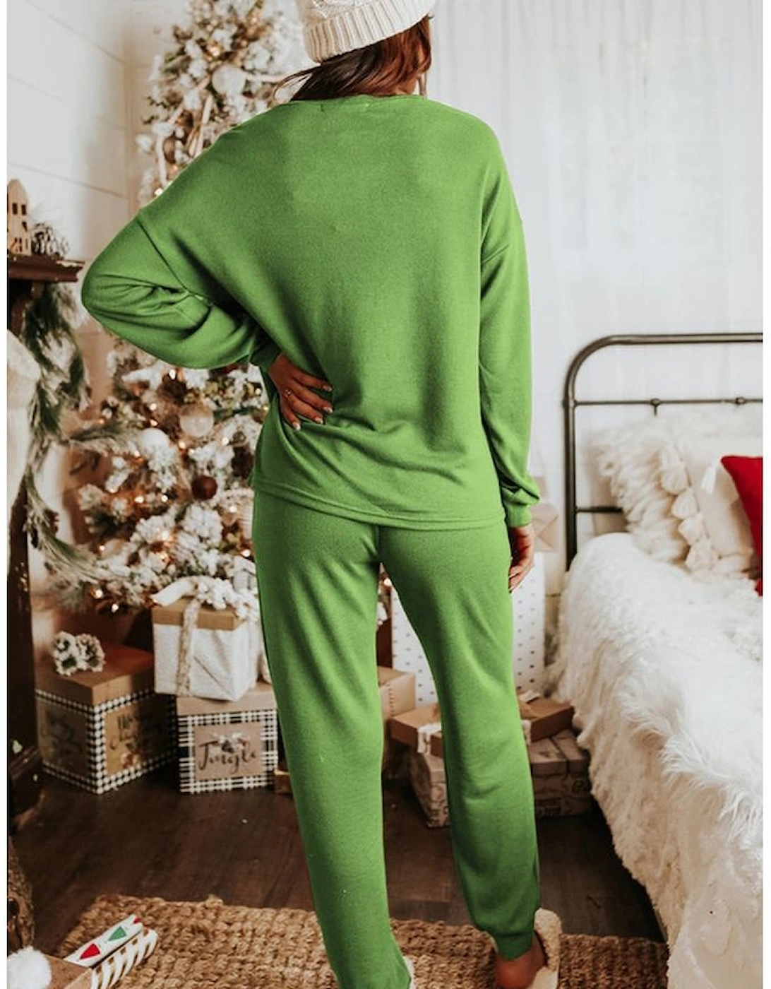 Spinach Green Sequin Christmas Stockings Graphic Two Piece Lounge Set, 4 of 3