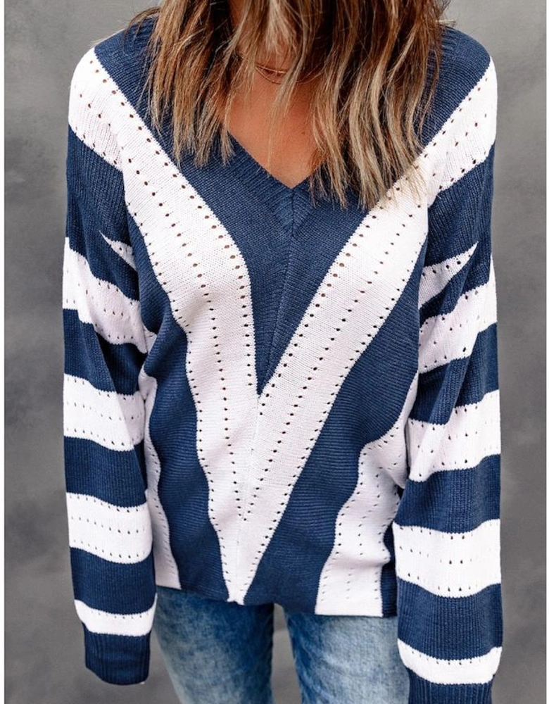 Blue Striped Colorblock V Neck Knitted Sweater