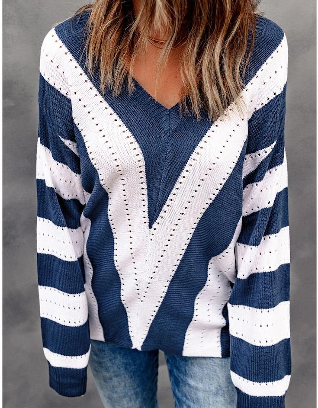 Blue Striped Colorblock V Neck Knitted Sweater