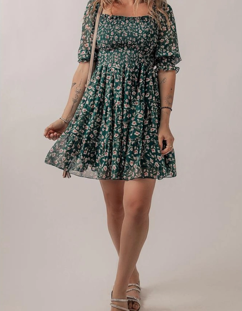 Green Smocked Square Neck Puff Short Sleeve Floral Dress