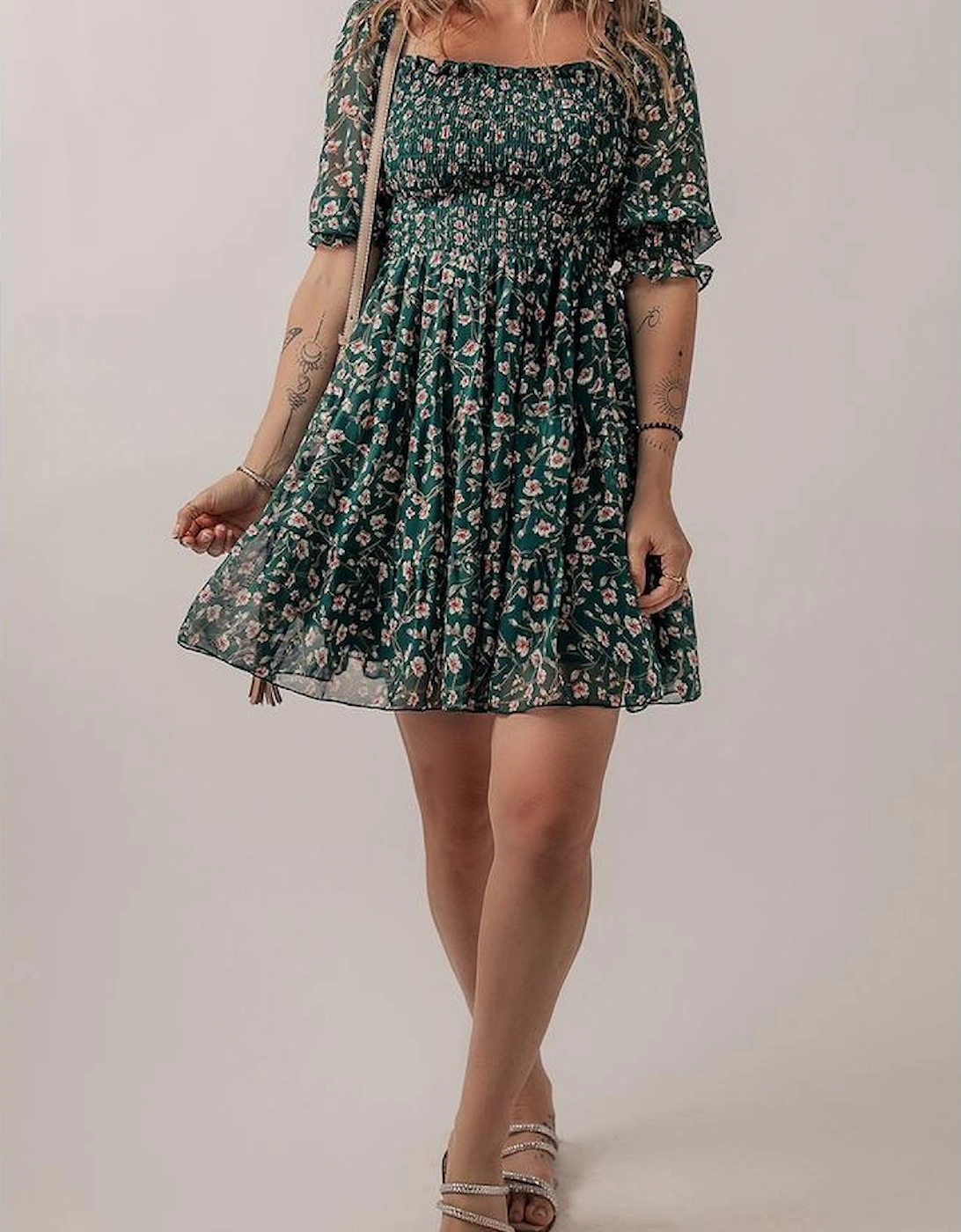 Green Smocked Square Neck Puff Short Sleeve Floral Dress