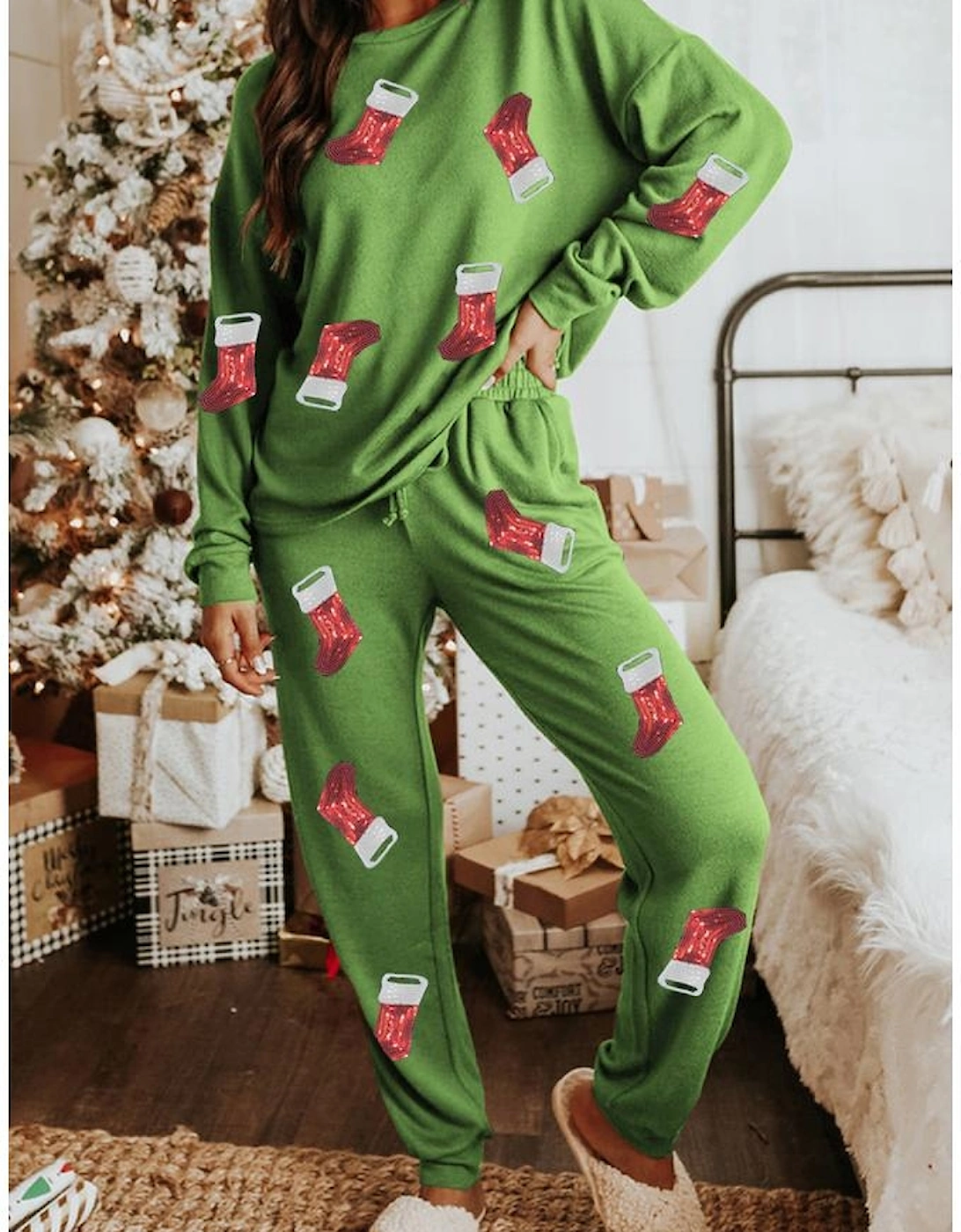 Spinach Green Sequin Christmas Stockings Graphic Two Piece Lounge Set