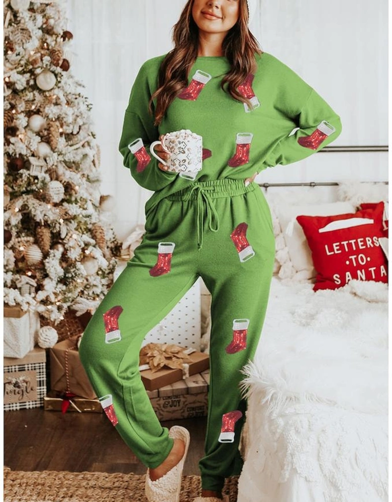 Spinach Green Sequin Christmas Stockings Graphic Two Piece Lounge Set