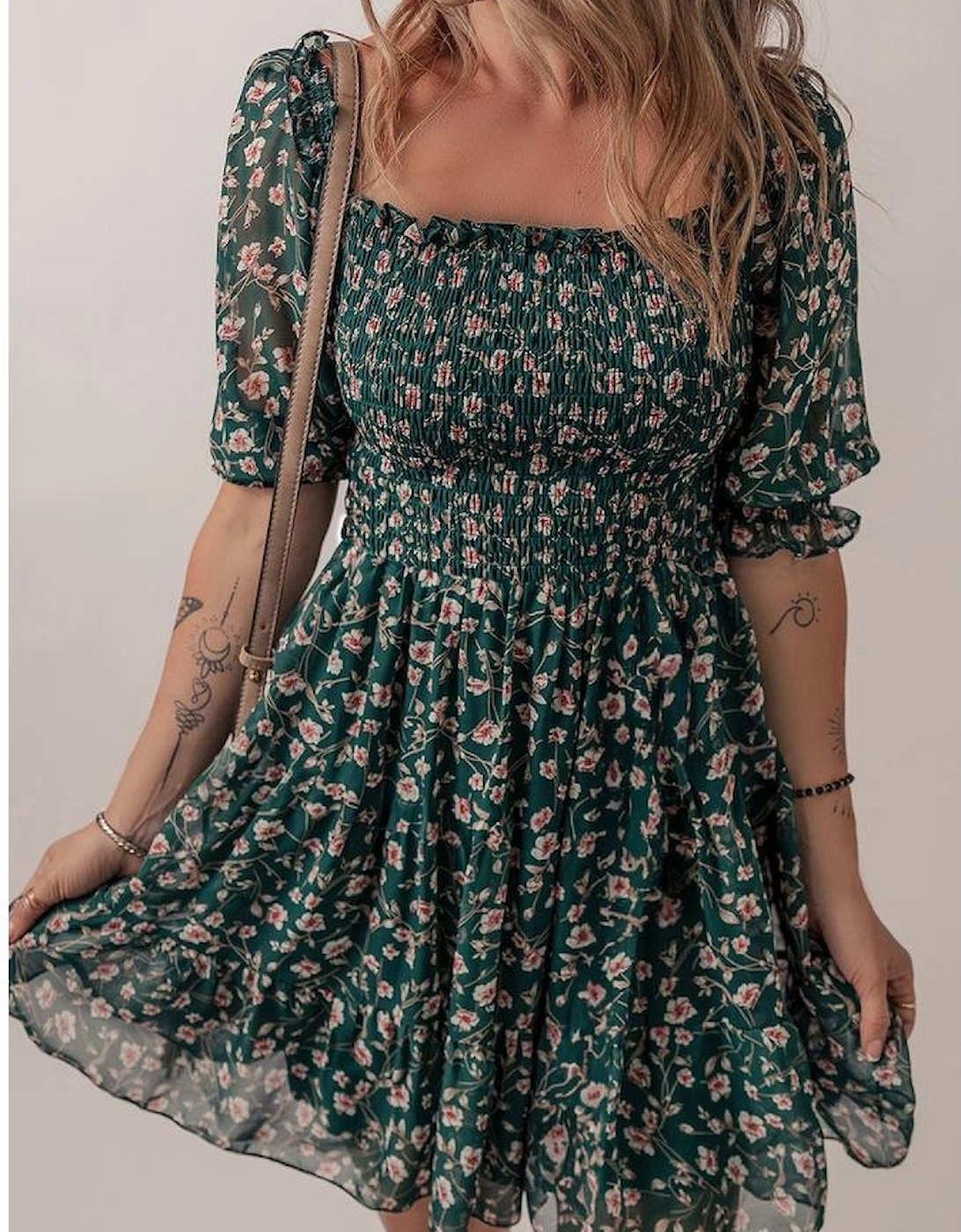 Green Smocked Square Neck Puff Short Sleeve Floral Dress