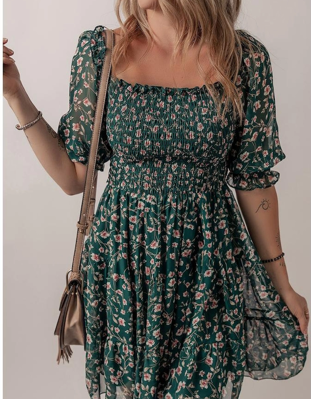 Green Smocked Square Neck Puff Short Sleeve Floral Dress