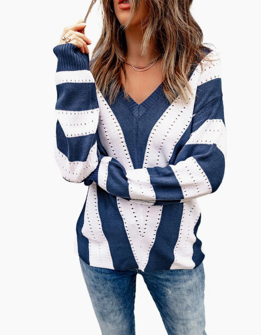 Blue Striped Colorblock V Neck Knitted Sweater