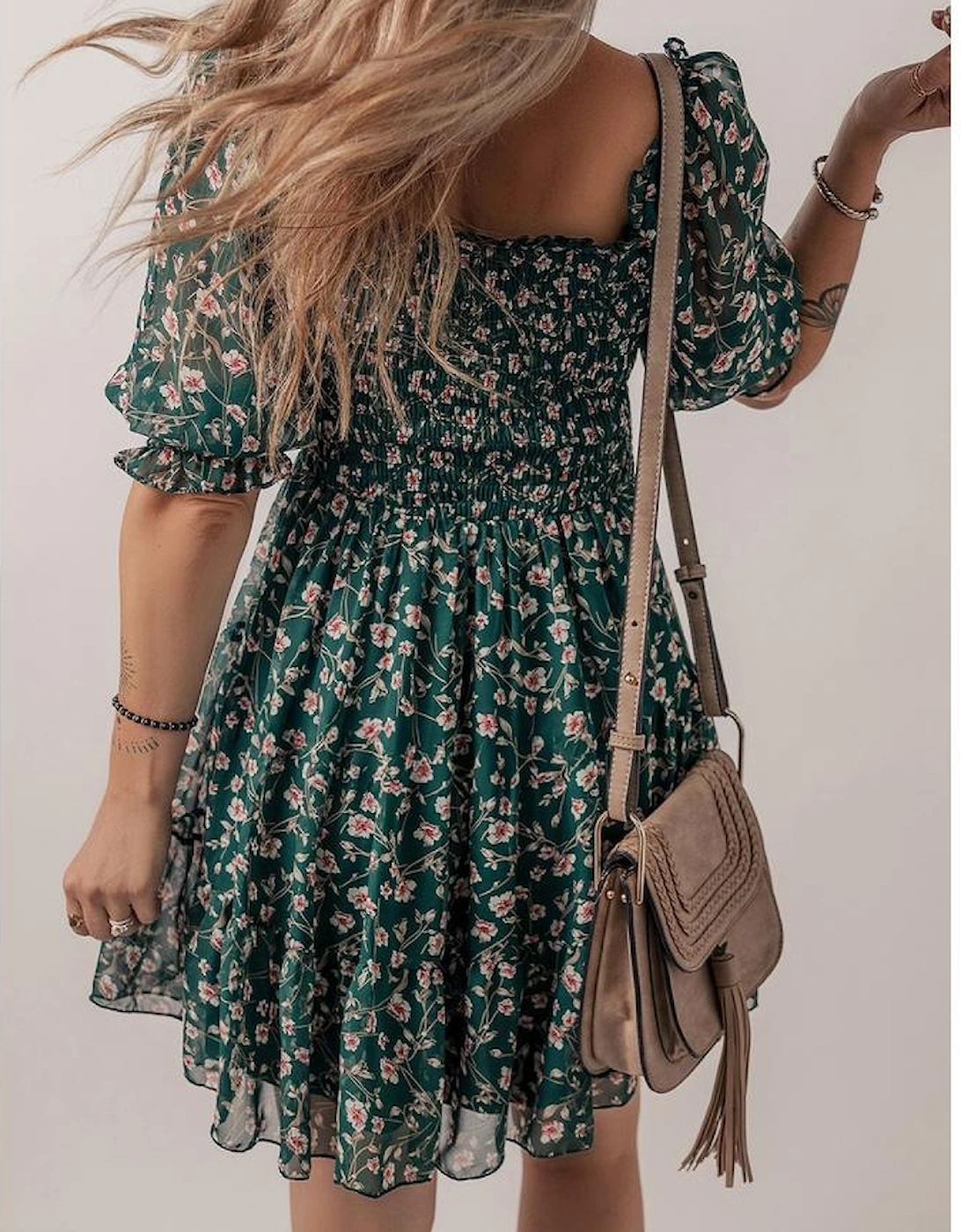 Green Smocked Square Neck Puff Short Sleeve Floral Dress, 5 of 4