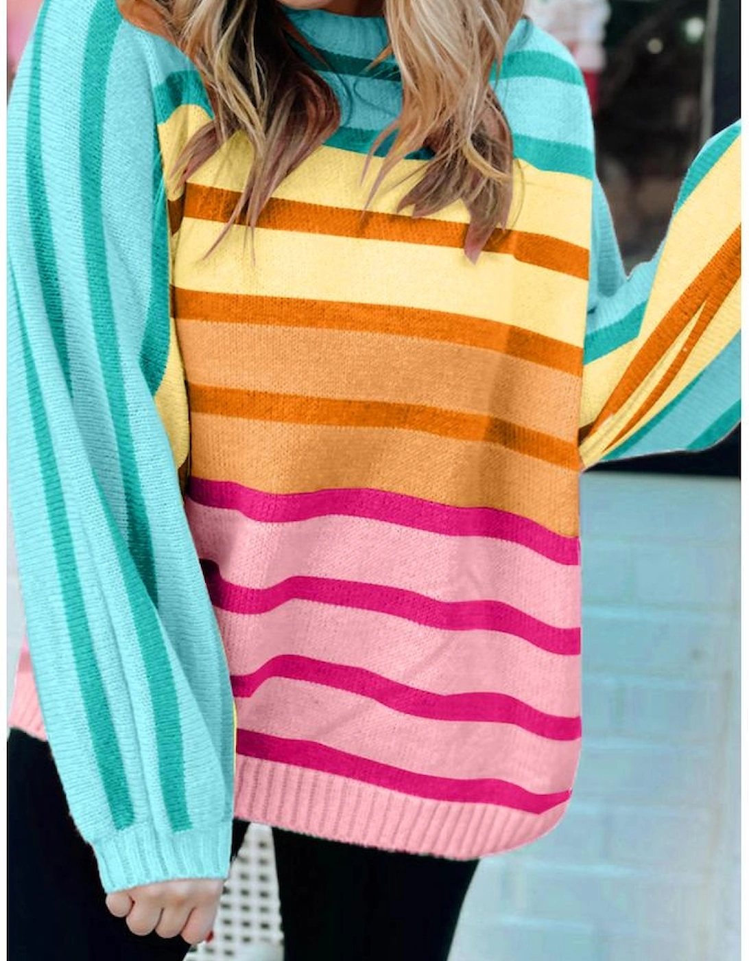 Yellow Stripe Gradient Striped Ribbed Edge Loose Sweater
