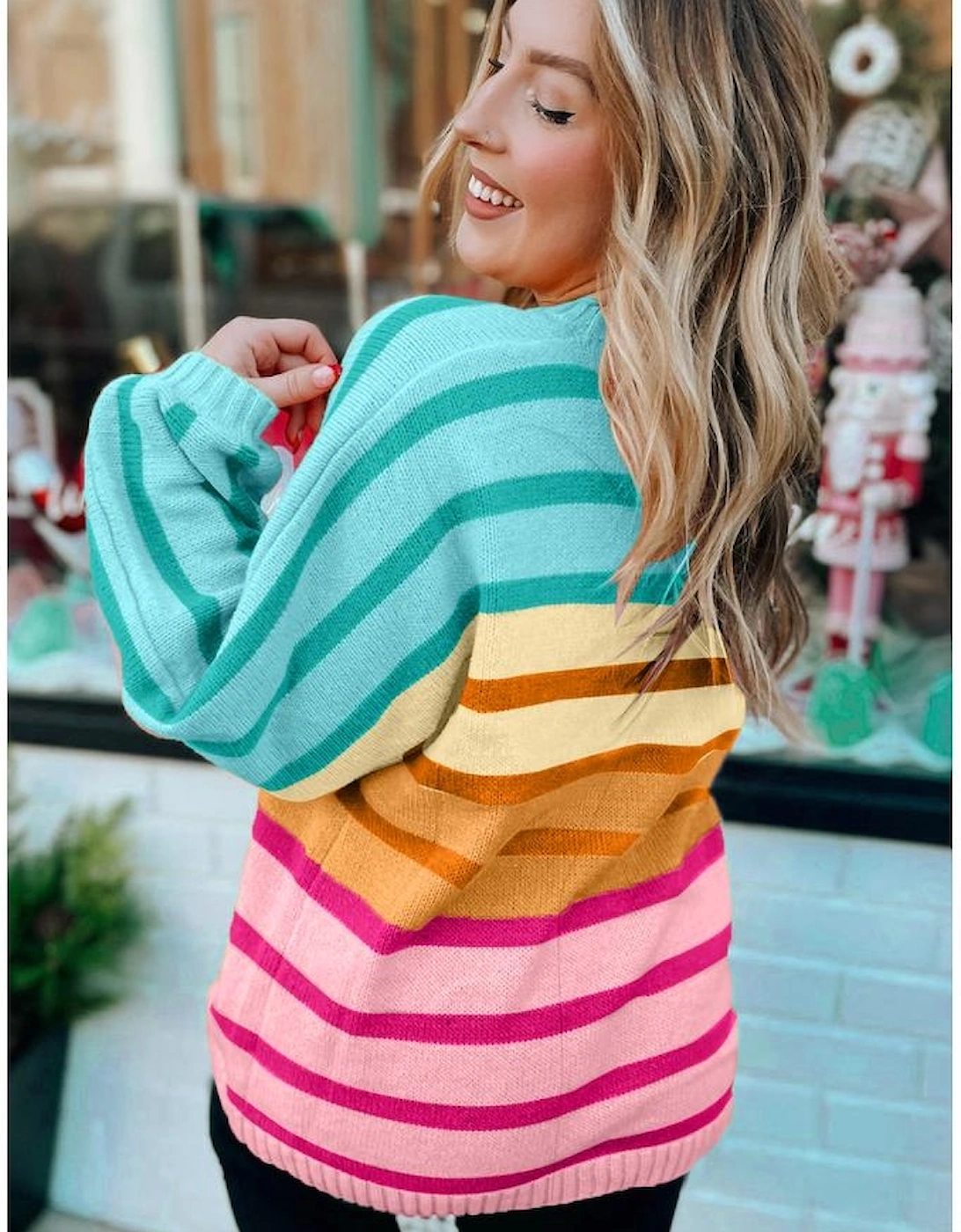 Yellow Stripe Gradient Striped Ribbed Edge Loose Sweater