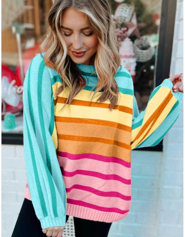 Yellow Stripe Gradient Striped Ribbed Edge Loose Sweater