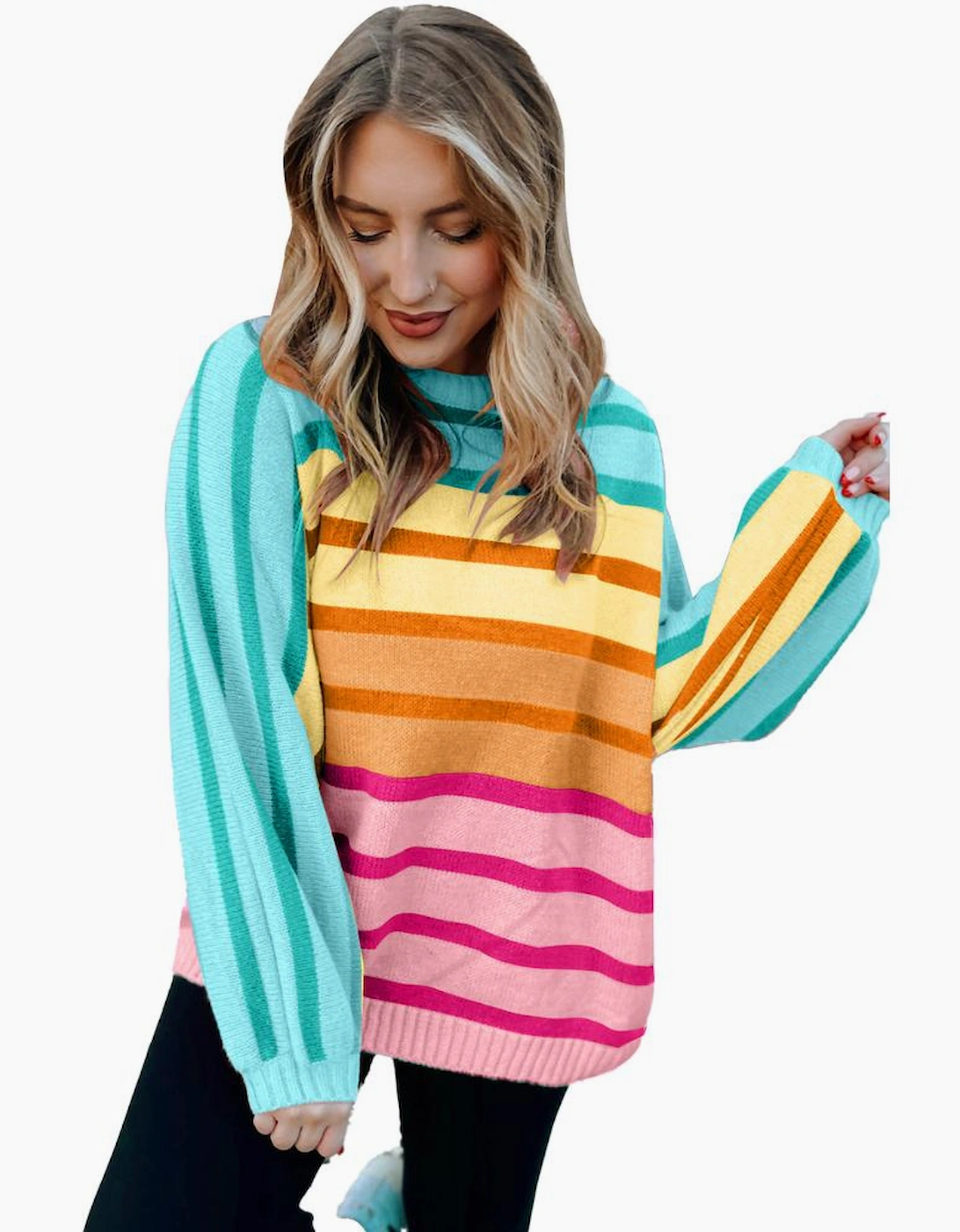 Yellow Stripe Gradient Striped Ribbed Edge Loose Sweater