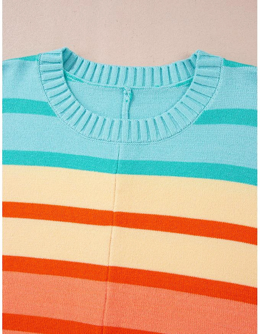 Yellow Stripe Gradient Striped Ribbed Edge Loose Sweater