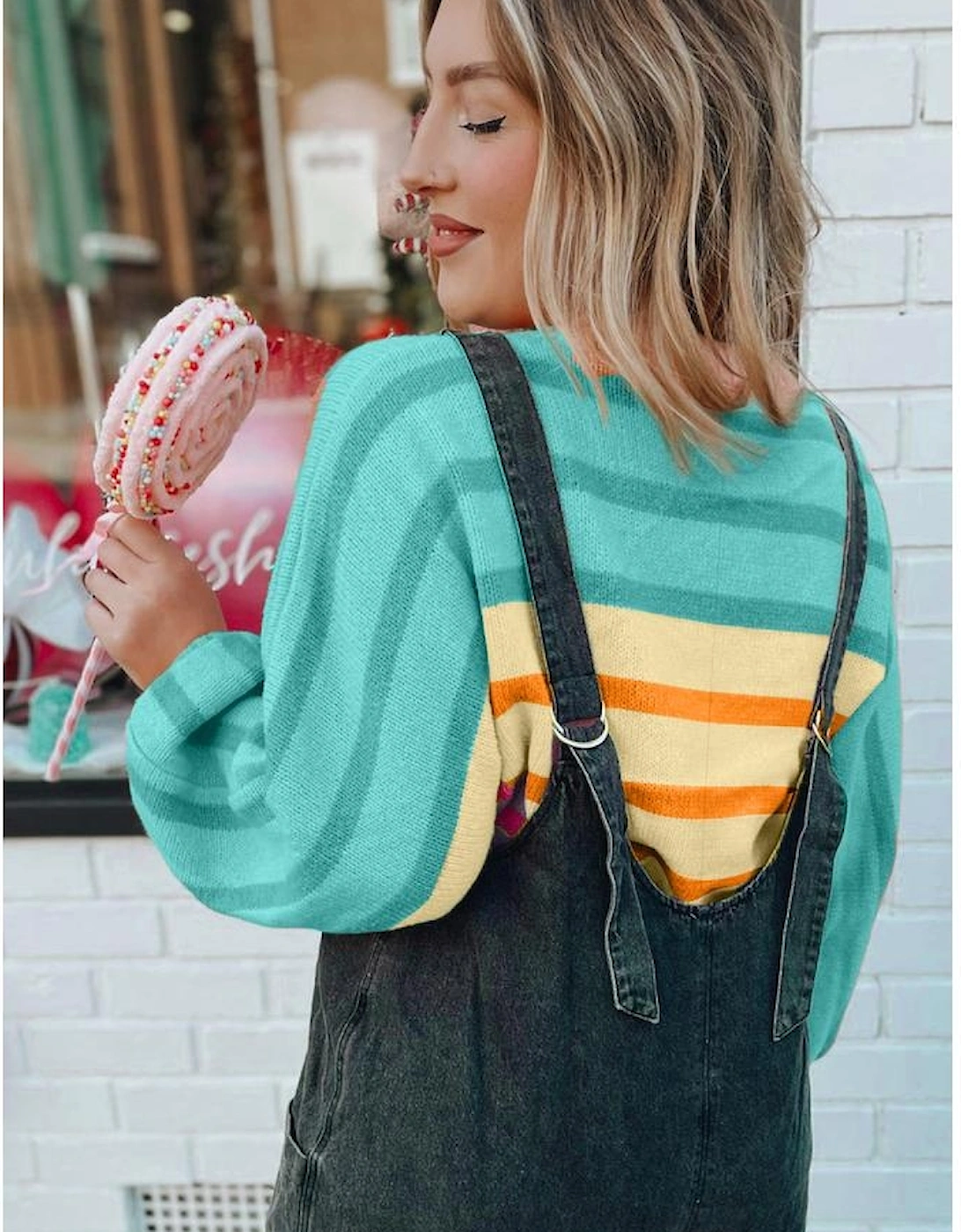 Yellow Stripe Gradient Striped Ribbed Edge Loose Sweater