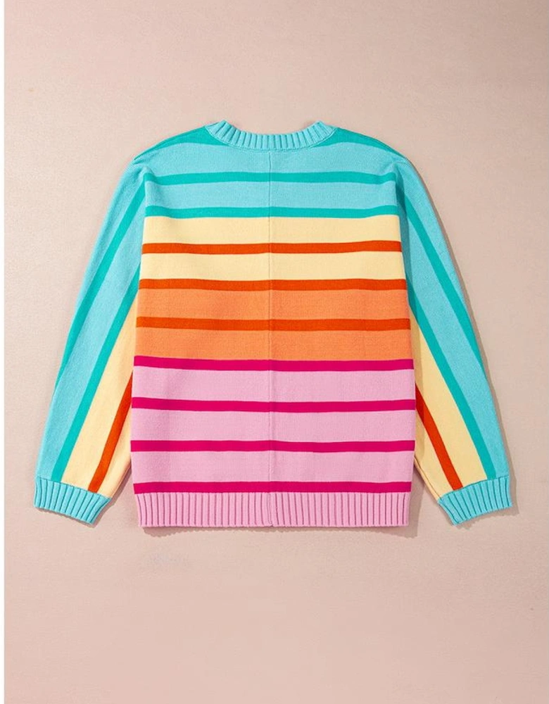Yellow Stripe Gradient Striped Ribbed Edge Loose Sweater