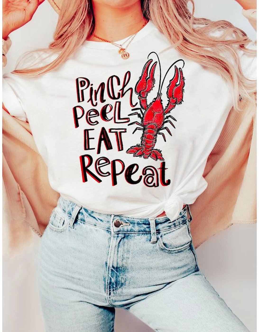 White Pinch Peel Eat Repeat Crawfish Print Crew Neck Tee