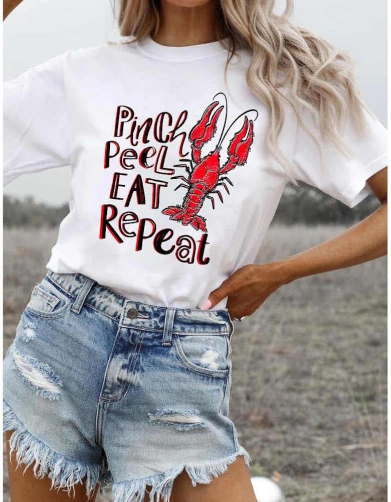 White Pinch Peel Eat Repeat Crawfish Print Crew Neck Tee
